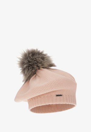 Béret en tricot rose avec un design décontracté, doté d'un pompon en fausse fourrure et d'un motif texturé sur le corps. Agrémenté d'une petite étiquette de logo.