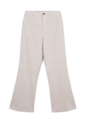 Beige wide-leg trousers with belt loops, front button closure, and side pockets, displayed on a white background.