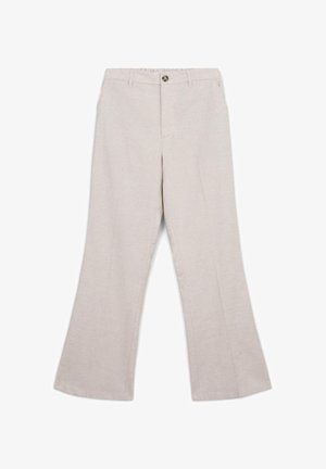 Beige wide-leg trousers with belt loops, front button closure, and side pockets, displayed on a white background.