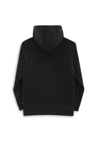 Sudadera negra hecha de un tejido suave. Presenta una capucha grande y mangas largas. Textura lisa con puños y dobladillo acanalados. Sin logotipos ni patrones visibles.