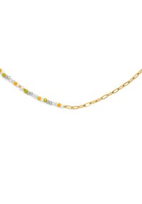 Collana colorata di perline con perline rotonde in arancione, verde, rosa e giallo. Presenta una catena dorata per un tocco di texture e design in più.