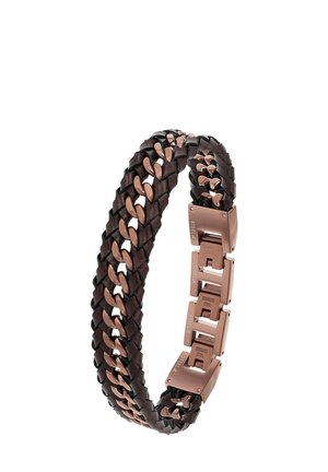 Bracciale in pelle intrecciata di colore marrone scuro con accenti in acciaio inox rose gold e link rettangolari, caratterizzato da una superficie texturizzata e una finitura liscia.
