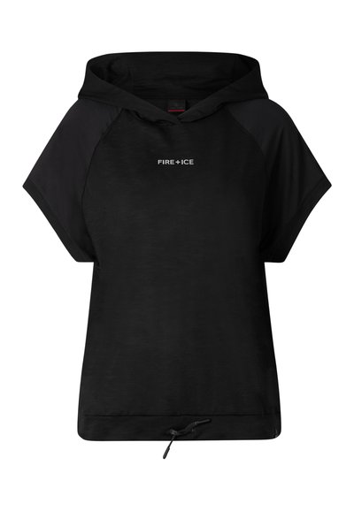 Sweat à capuche noir à manches courtes avec le texte "FIRE+ICE" sur la poitrine et un cordon de serrage réglable à l'ourlet.