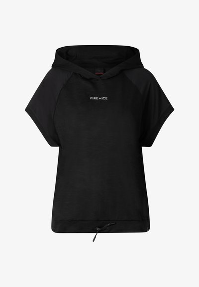 Sweat à capuche noir à manches courtes avec le texte "FIRE+ICE" sur la poitrine et un cordon de serrage réglable à l'ourlet.