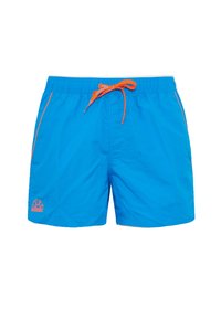 Pantaloni da nuoto blu realizzati in materiale leggero, con una vita elastica e un cordino arancione, e dettagli laterali.