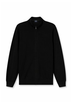 Zwarte zip-up cardigan met een hoge kraag, lange mouwen en geribde manchetten. Gemaakt van een zachte, textuurstof met een klassieke pasvorm.