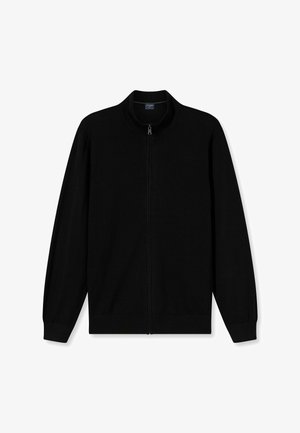 Schwarze Zip-Up-Strickjacke mit hohem Kragen, langen Ärmeln und gerippten Bündchen. Hergestellt aus einem weichen, strukturierten Stoff mit klassischer Passform.