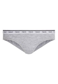 Graue Bikini-Briefs aus Baumwollmischung mit breitem elastischem Bund, der ein wiederholendes schwarzes "next"-Logo aufweist, und einer glatten Textur.