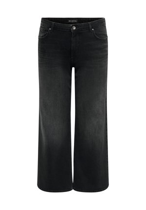 Black wide-leg cropped jeans with front button and zip closure, belt loops, and five-pocket styling.