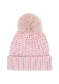 Cuffia rosa lavorata a maglia con motivo a rilievo, caratterizzata da un soffice pompon sulla cima e da un risvolto a coste in basso. Etichetta del marchio visibile.