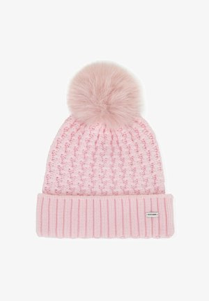 Růžová pletená čepice s texturovaným vzorem, s chlupatým bambulí na vrcholu a žebrovaným lemem na spodní části. Viditelná značka značky.