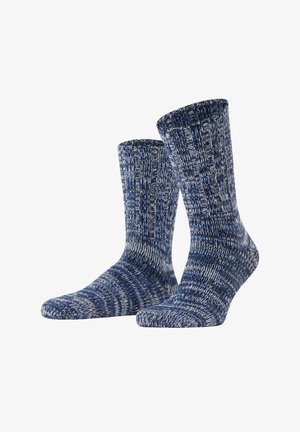 Gestrickte Socken mit einem blau-weißen Melange-Muster, knielang, mit geripptem Design für Stretch und Komfort.