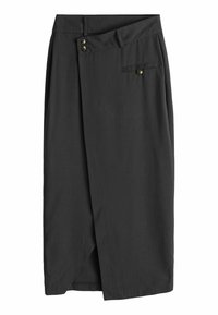 Fustă închisă la culoare, gri. Are un închidere cu buton pe lateral și o fanta frontală. Fabricată dintr-un material neted cu un design curat și bine croit.