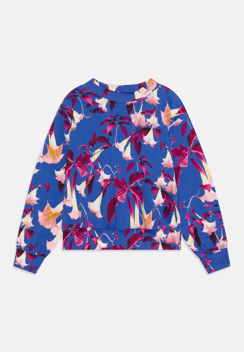 Sweat-shirt bleu à manches longues avec imprimé de fleurs de trompette rose et jaune, poignets côtelés et encolure ronde, posé à plat sur fond blanc.