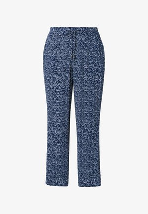 Pantalon bleu marine à motif floral blanc, taille élastique, cordon de serrage à l'avant, coupe droite.