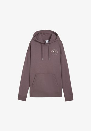 Hoodie en polaire violet avec poche kangourou, cordons de serrage ajustables et impression de logo. Caractéristiques : manches larges et poignets côtelés.