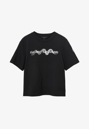 Black cotton t-shirt with a round neckline and short sleeves. Features a white graphic design in the center, showcasing stylized text and patterns.