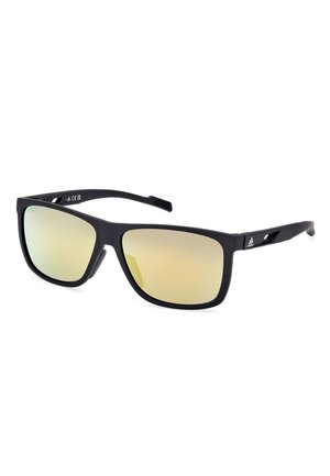 Schwarze rechteckige Sonnenbrillen mit reflektierenden Übergangslinsen. Mattes Finish auf dem Rahmen, mit dezenten Ausschnitten an den Bügeln für das Design.