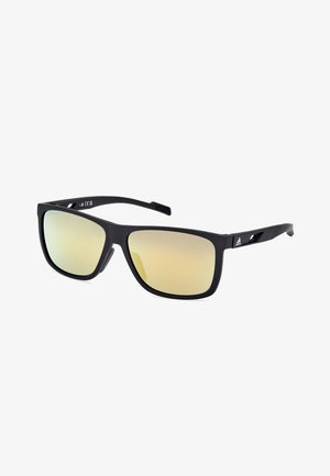 Black rectangular sunglasses with reflective gradient lenses. Matte finish on the frame, featuring subtle cutouts on the arms for design.