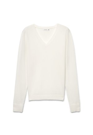 Maglione bianco a maniche lunghe con scollo a V, polsini e orlo a coste, mostrato disteso su sfondo bianco.