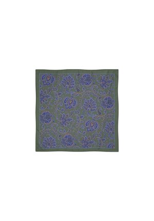 Kwadratowy szalik w oliwkowym zielonym kolorze z misternym florystycznym wzorem paisley w odcieniach niebieskiego i purpurowego. Gładka tekstura z kontrastującą bordiura.