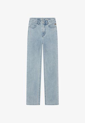 Jean en denim bleu clair avec une coupe droite, doté de poches avant, d'une fermeture par bouton supérieur et de détails de couture subtils.