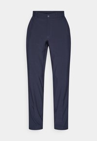 Námořnické modré chinos kalhoty vyrobené z lehké tkaniny, s knoflíkovým zapínáním v přední části, poutky na opasek a minimalistickým designem s drobným prošíváním.