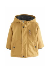 Gelbe Kapuzenjacke mit einem strukturierten grauen Futter, vorne mit Reißverschluss und Druckknopfverschlüssen, zwei seitlichen Taschen und einem kleinen Brusttaschendetail.