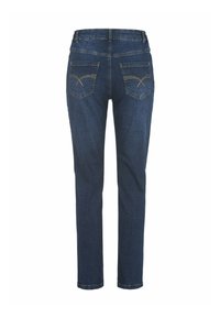 Mörkblå denimjeans med avsmalnande ben, som har två bakfickor med dekorativ sömnad. Tyget har en jämn, något strukturerad yta.
