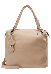 Beżowa skórzana torebka z podwójnymi uchwytami u góry, odczepianym paskiem, subtelnymi różowymi akcentami, srebrnymi detalami i teksturowanym wykończeniem.