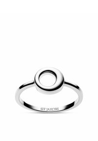 Silverring med en cirkulär mittpunkt med ett öppet centrum, på en slät ring. Graverad med "SIF JAKOBS" på den inre ytan.