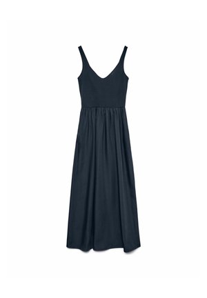 Robe maxi bleu marine foncé avec un décolleté en V, des bretelles spaghetti réglables, un corsage ajusté et une jupe froncée. Texture de tissu lisse.