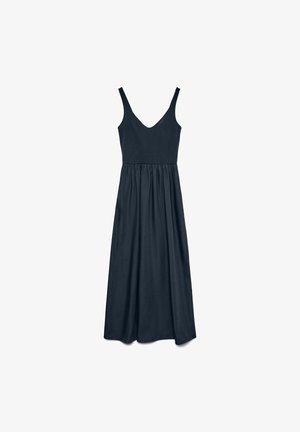 Donker marineblauwe maxi-jurk met een V-hals, verstelbare spaghettibandjes, passend lijfje en vloeiend in een geraffineerde rok. Glad stoftextuur.