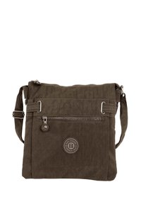 Olivengrüne Umhängetasche aus weichem Stoff mit einer vorderen Reißverschlusstasche, verstellbarem Schultergurt und einem runden Logo-Akzent.