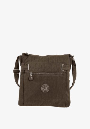 Olijfgroene crossbody tas van zacht materiaal, met een voorzak met rits, een verstelbare schouderband en een circulaire logo-accent.