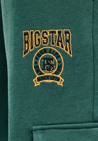 Zelená mikina vyrobená z látky s embosovaným logem "BIGSTAR" ve žluté nitě. Obsahuje kulaté označení designu a žebrovanou texturu na spodním lemu.