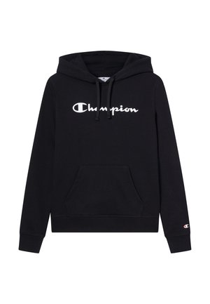 Schwarzer Hoodie aus Baumwolle, mit Fronttasche, Kordelzug und weißem "Champion"-Logo auf der Brust.