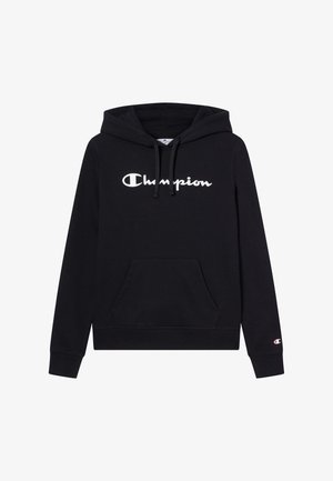 Sweat à capuche noir en coton, avec une poche frontale, des cordons de serrage et un logo "Champion" blanc sur la poitrine.