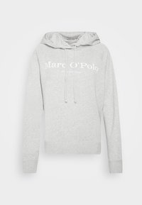 Jasnoszara hoodie z kapturem na sznurku, ściągaczami na rękawach i dole, z białym napisem "Marc O’Polo EST. STOCKHOLM" na przodzie.