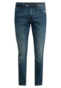 Blaue Denim-Jeans mit schmaler Passform, mittelhohem Bund, Fünf-Taschen-Design und dezenten Ausbleichungen an den Beinen.