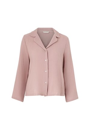 Light pink button-up shirt with a textured fabric, notched collar, long sleeves, and a relaxed fit. Five buttons down the front.