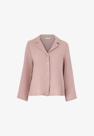 Lichtroze overhemd met knopen, gemaakt van een geweven stof, met een ingegraven kraag, lange mouwen en een ontspannen pasvorm. Vijf knopen aan de voorkant.