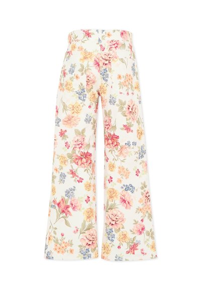 Pantaloni a vita alta e gamba larga con sfondo crema e stampa floreale multicolore in tonalità di rosa, giallo, rosso e blu.