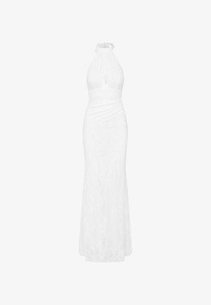 White lace dress with a halter neck, cutout detail, and fitted silhouette that flares at the bottom. Textured lace pattern throughout.