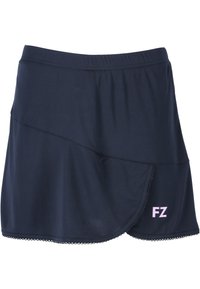 Tummansininen urheiluhame, jossa on kerrostettu muotoilu, mukana leikkauksella varustettu helma ja vaaleanpunainen "FZ" -logo alhaalla. Mukana joustava vyötärö.