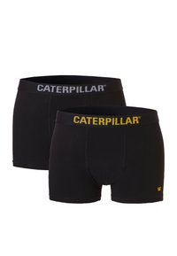 Boxers noirs avec ceinture élastique. L'un présente un logo gris « CATERPILLAR » ; l'autre a un logo jaune. Texture de tissu lisse.