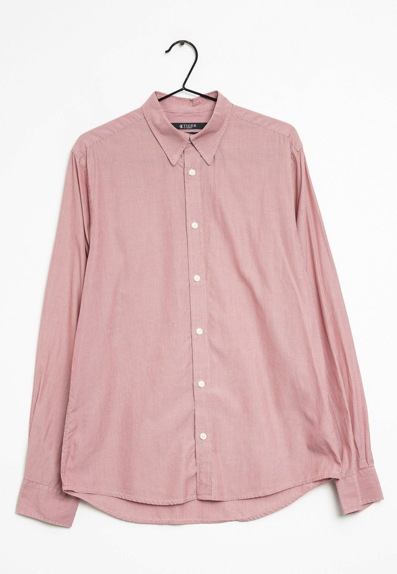 Camicia a maniche lunghe, con bottoni, di un rosa tenue con un sottile motivo a righe, realizzata in tessuto intrecciato, dotata di un collo classico e bottoni bianchi.