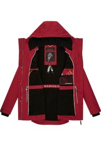 Red outer jacket with a hood, featuring a black fleece lining, internal pockets, and white accents. Includes branding and decorative elements.