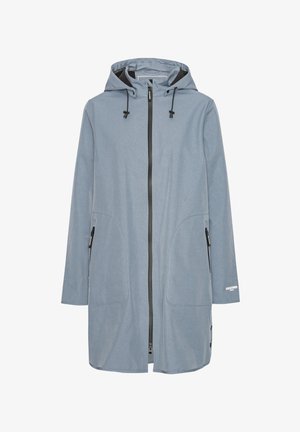 Veste imperméable à capuche bleu clair avec fermeture éclair frontale, capuche avec cordon de serrage et poches latérales zippées, conçue pour une utilisation en extérieur.