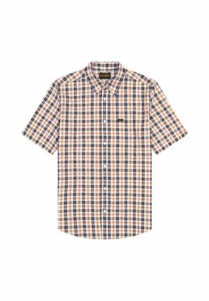 Kurzärmeliges Hemd mit durchgehender Knopfleiste, kariertem Muster in Beige, Weiß und Marineblau, mit Kragen und kleinem Wrangler-Logo auf der Brusttasche.